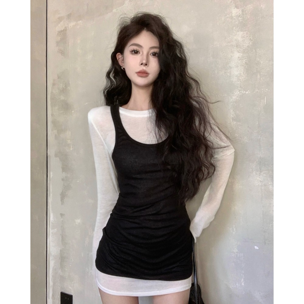 美式甜辣套装裙性感长袖中长款t恤背心马甲小众辣妹早秋两件套女