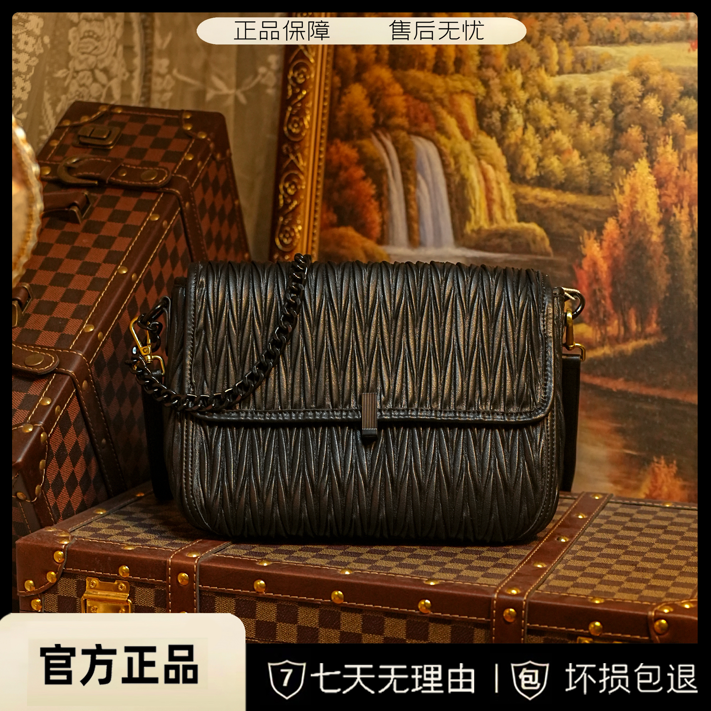 褶皱女包潮2023链条休闲软皮高级感小方包复古单肩斜跨包HD23106