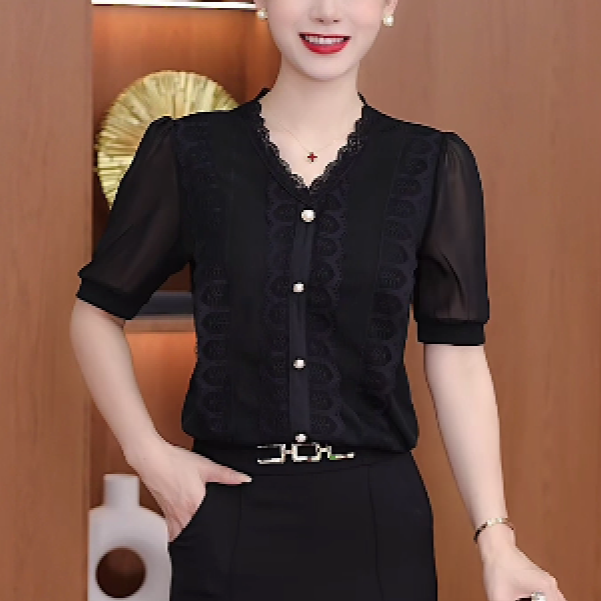 夏季新款t恤蕾丝气质百搭显瘦V领短袖女
