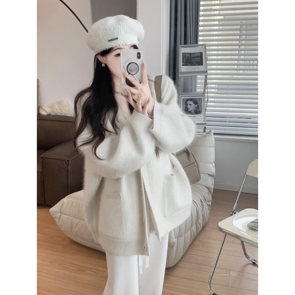 慵懒风仿水貂毛开衫毛衣女秋冬2023外穿宽松温柔风软糯针织外套