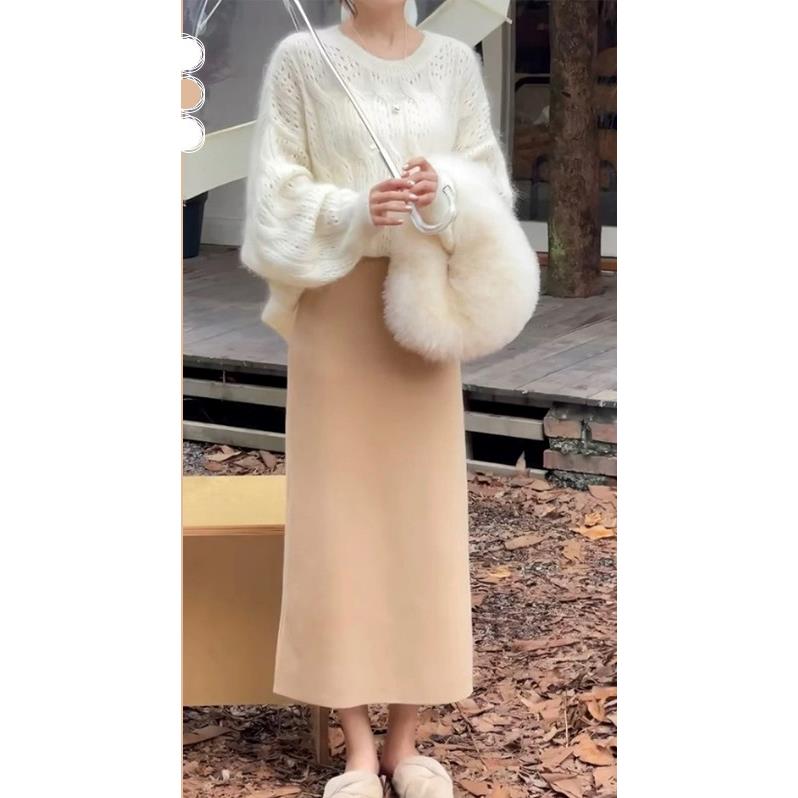 茶系穿搭一整套深秋冬装高级感小洋装今年流行漂亮套装连衣裙子女