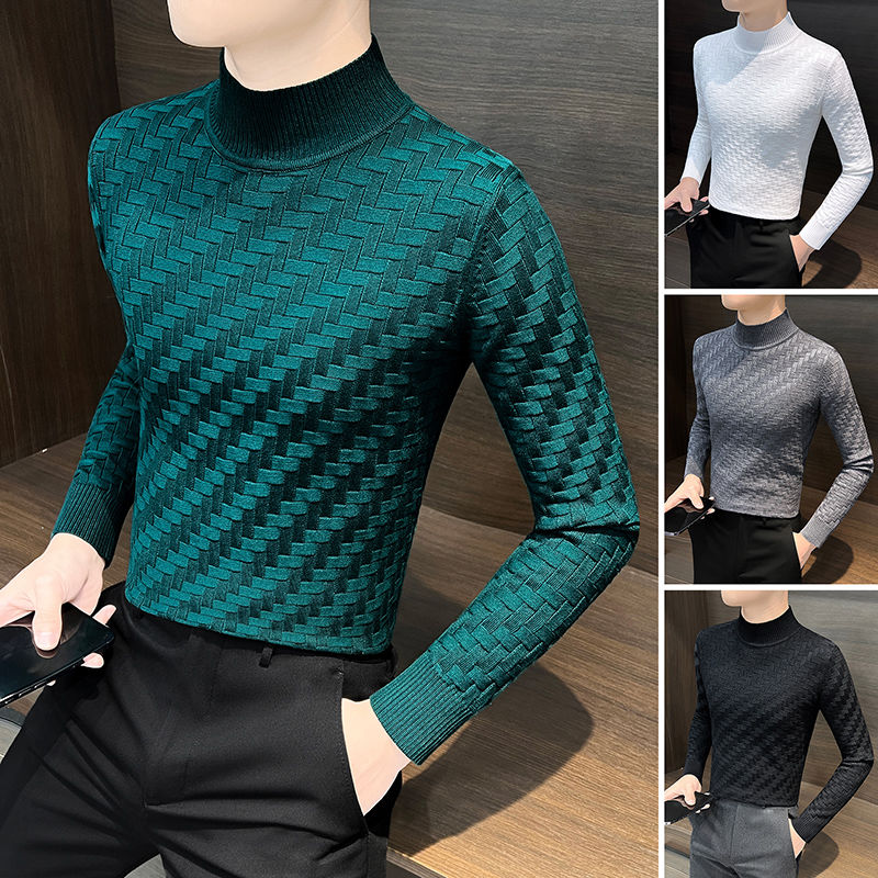 法薇琳半高领男士毛衣秋冬款编织修身高端韩版内搭格子中领打底衫