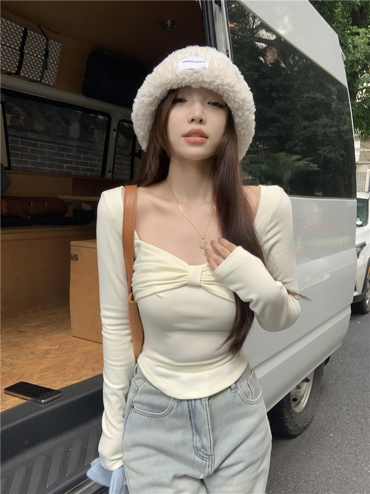 蝴蝶结T恤女秋季长袖内搭打底衫短款上衣打底长袖女内搭洋气新款