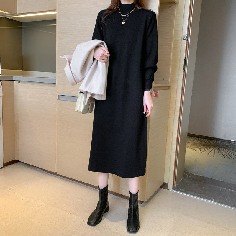 G胖mm遮肚显瘦连衣裙大码胖妹妹200斤半高领长款过膝打底衫毛衣裙