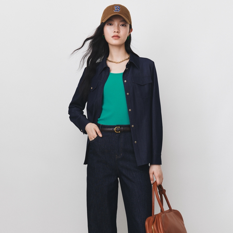 大雅家firststation藏青通勤单排扣仿牛仔衬衫女24春夏新款2123A