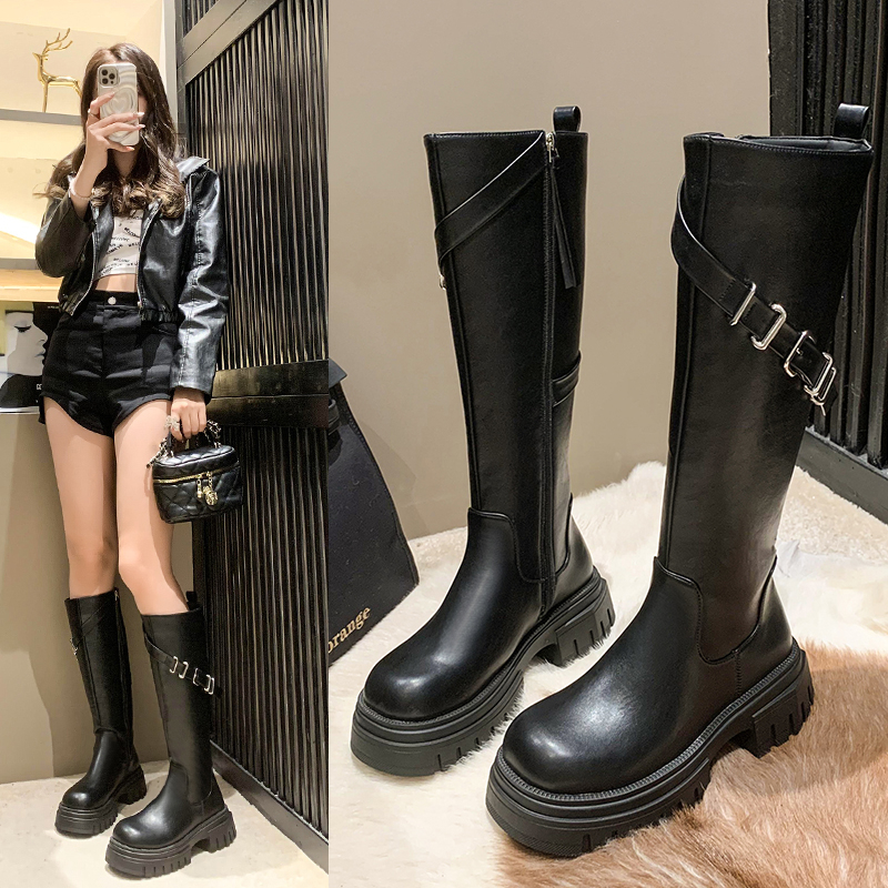 欧洲站靴子女2023秋冬新款粗跟时尚英伦短靴真皮厚底高筒马丁靴