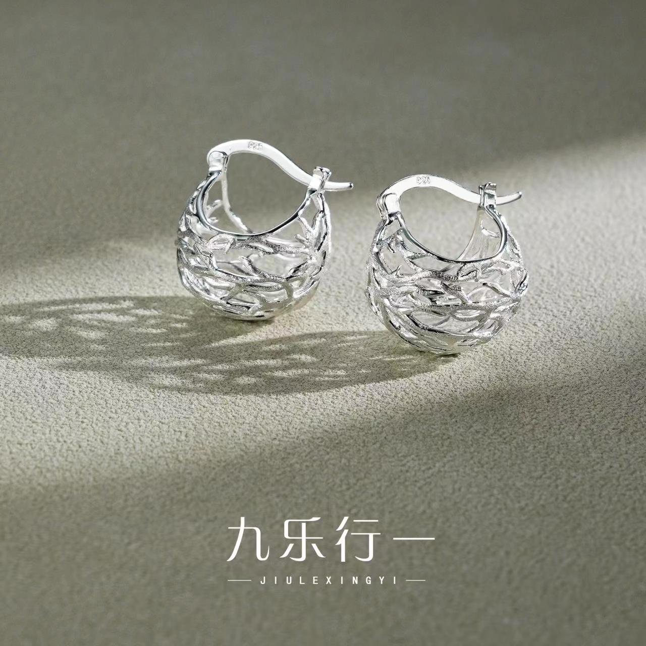 镂空鸟巢耳扣925银气质百搭小众妈妈银饰