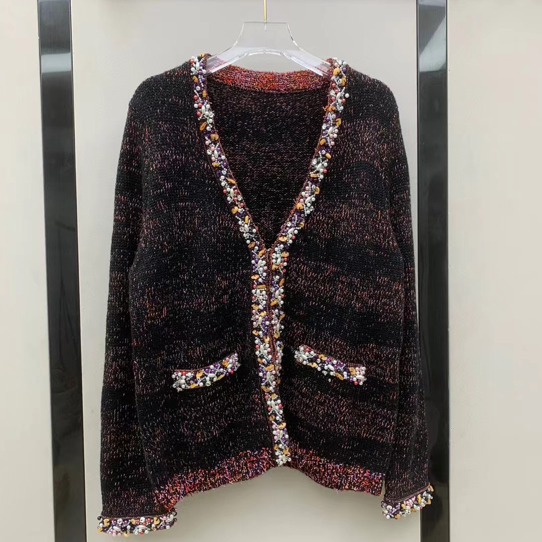 气质小香风重工V领钉珠编织长袖针织开衫MA3SYDZ0282