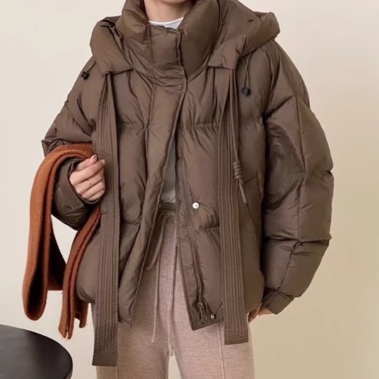 飘带连帽羽绒服女冬季2023新款面包服加厚保暖白鸭绒短外套