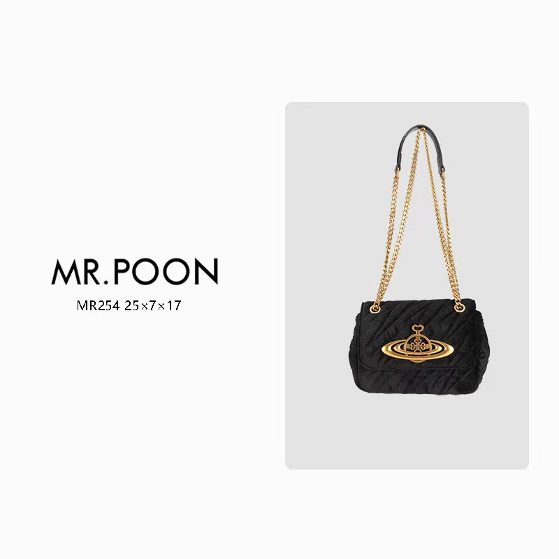 Mr.Poon 新款冬季绒面斜跨单肩包土星联名款轻奢链条包MR254黑色
