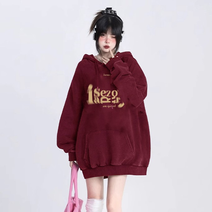 酒红色卫衣女秋冬2023新款冬季美式复古小众美潮宽松连帽加绒加厚