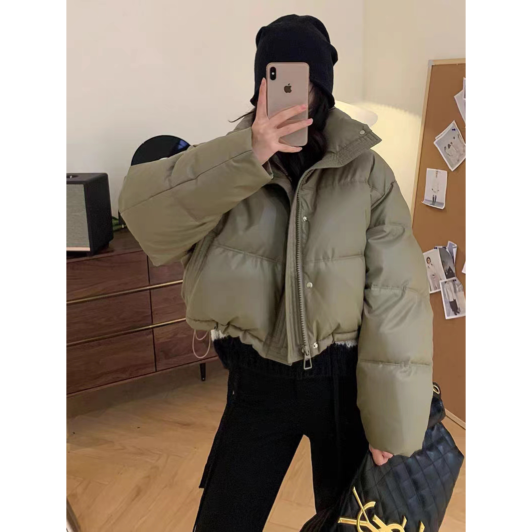 韩版免洗pu皮棉服女2023冬季小个子设计感面包服纯色休闲短款棉袄