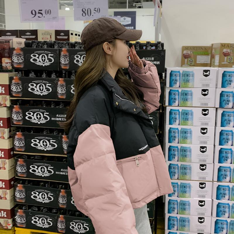 冬季短款棉服情侣立领设计感撞色面包服小个子韩版百搭厚外套冬