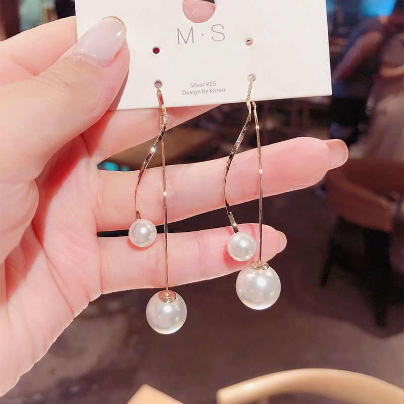 合金耳饰 长款珠珠螺旋吊坠耳环女显脸瘦个性耳线波浪设计感流苏