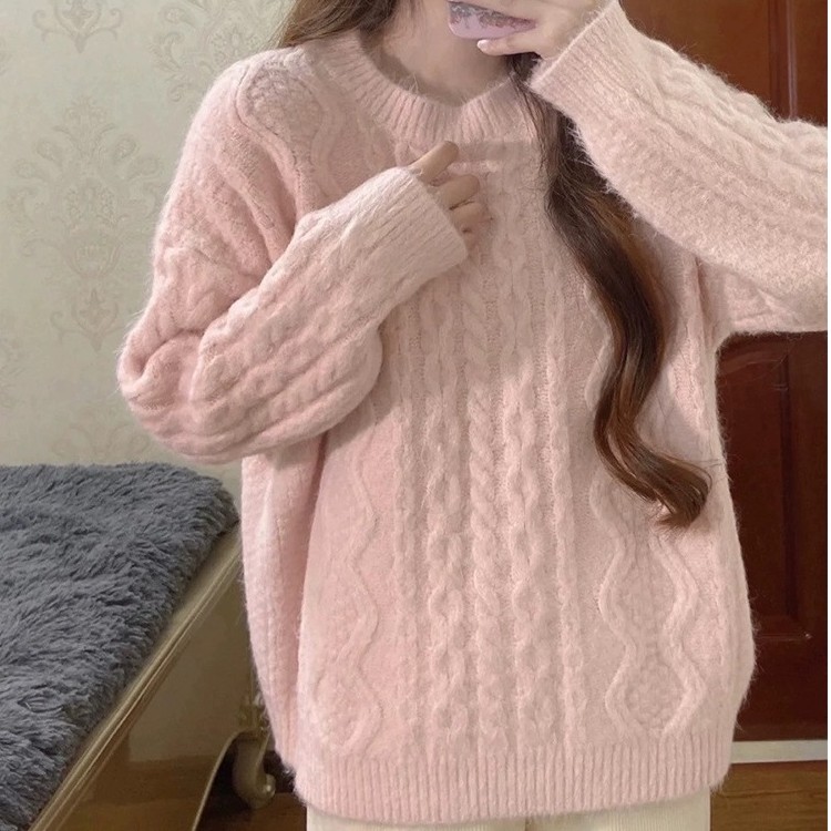 慵懒风粉色麻花针织毛衣女外穿秋冬季2023新款韩系软糯高级感上衣