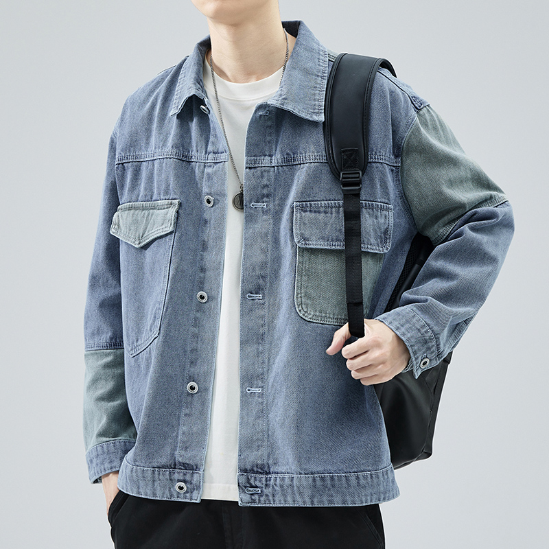 男士工装牛仔外套春秋季新款宽松大码休闲高档拼接夹克上衣服潮牌