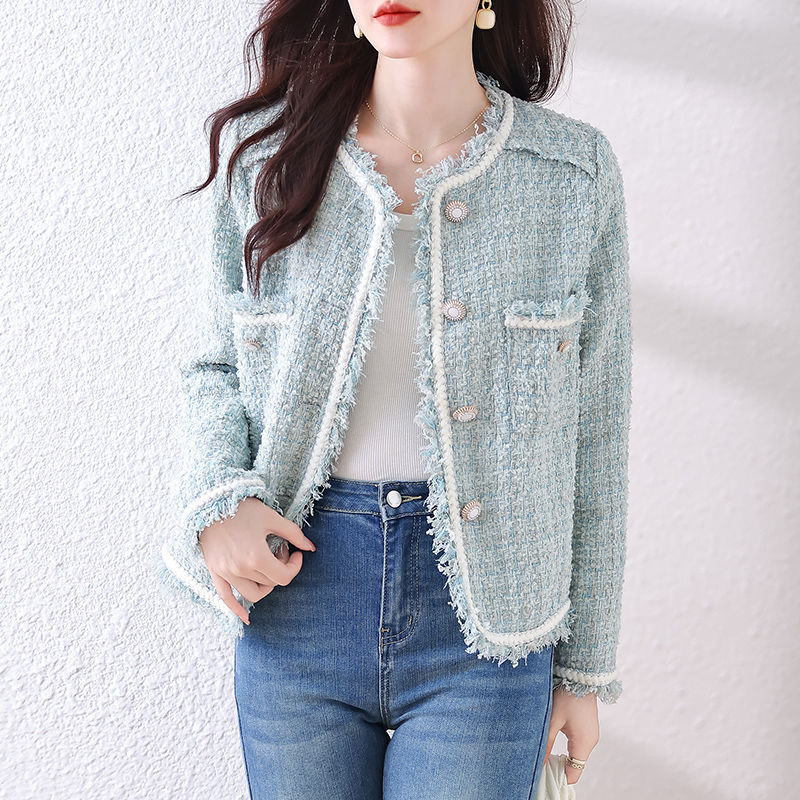 薄荷绿小香风外套女秋冬2024新款高级感名媛气质珍珠扣毛边短上衣