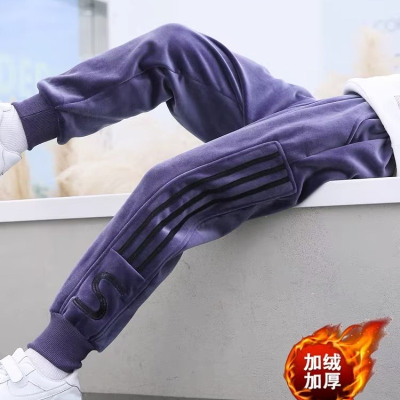 男童加绒裤子一体绒儿童冬装保暖裤中大童宽松长裤金丝绒双面绒潮