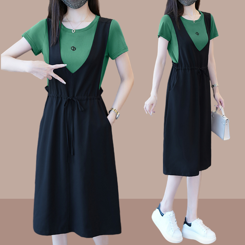 时尚减龄夏季时尚连衣裙女2023新款宽松大码收腰假两件中长背带裙