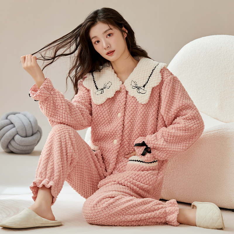 哺乳睡衣月子服秋冬款珊瑚绒冬季加厚外穿保暖玫瑰粒绒孕妇家居服
