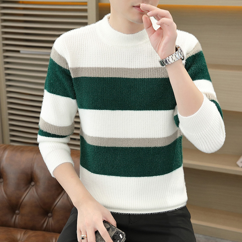 水貂绒毛衣男款针织衫秋冬季长袖打底衫宽条纹上衣男装潮牌双面绒