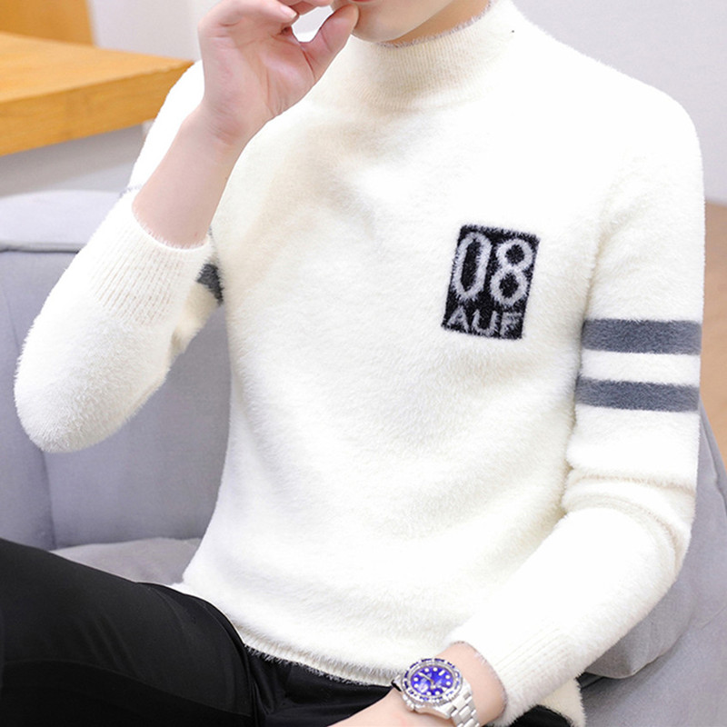 秋冬季水貂绒毛衣男士半高领潮流针织打底衫加绒加厚保暖冬装上衣