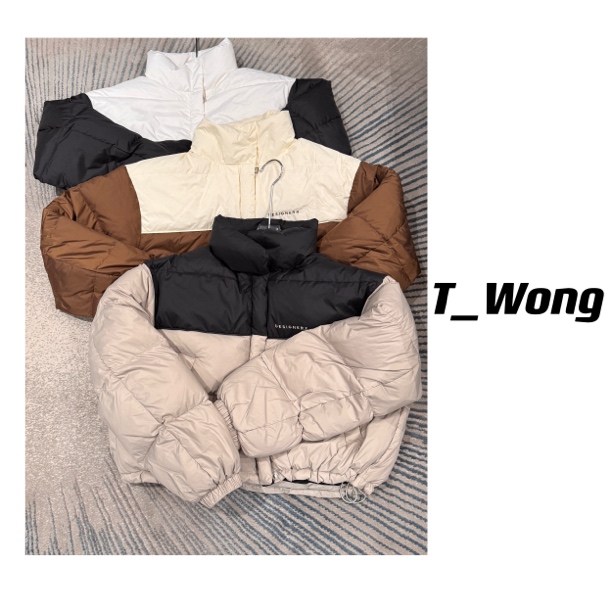 【W_Ting】冬日新品小众设计师三色拼色短款羽绒服外套1628
