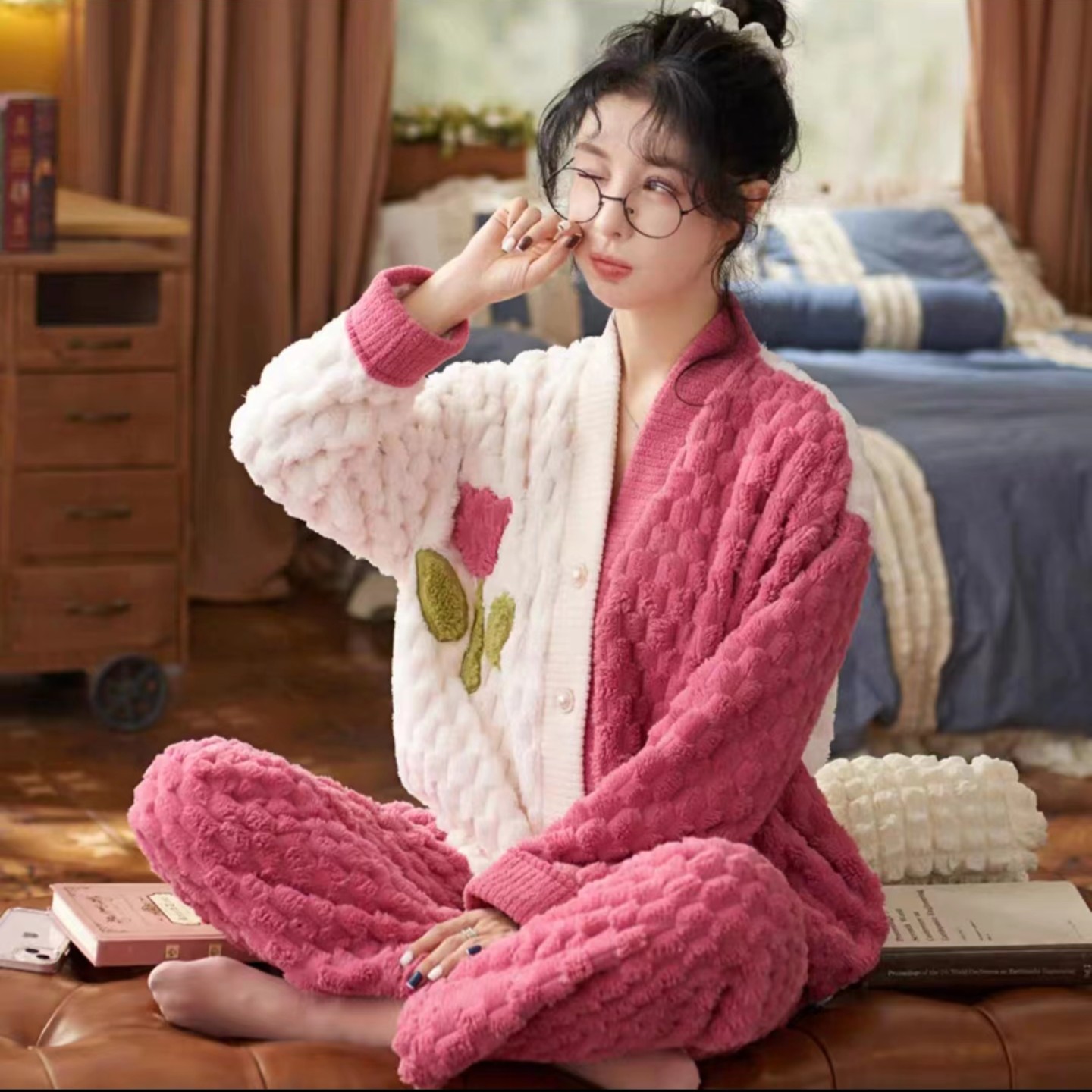 【拼色郁金香】秋冬季家居服套装外穿睡衣女士加厚保暖开衫学生
