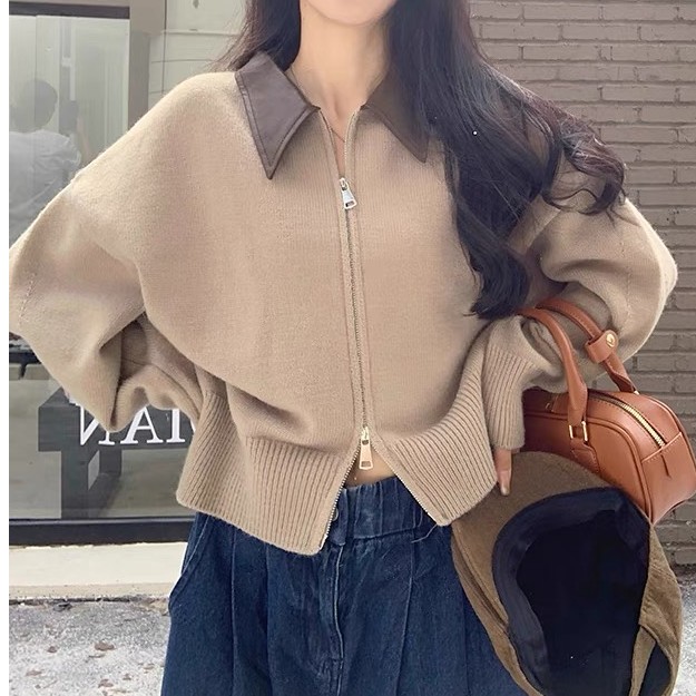 【针织开衫】小资 拼接领双拉链针织开衫