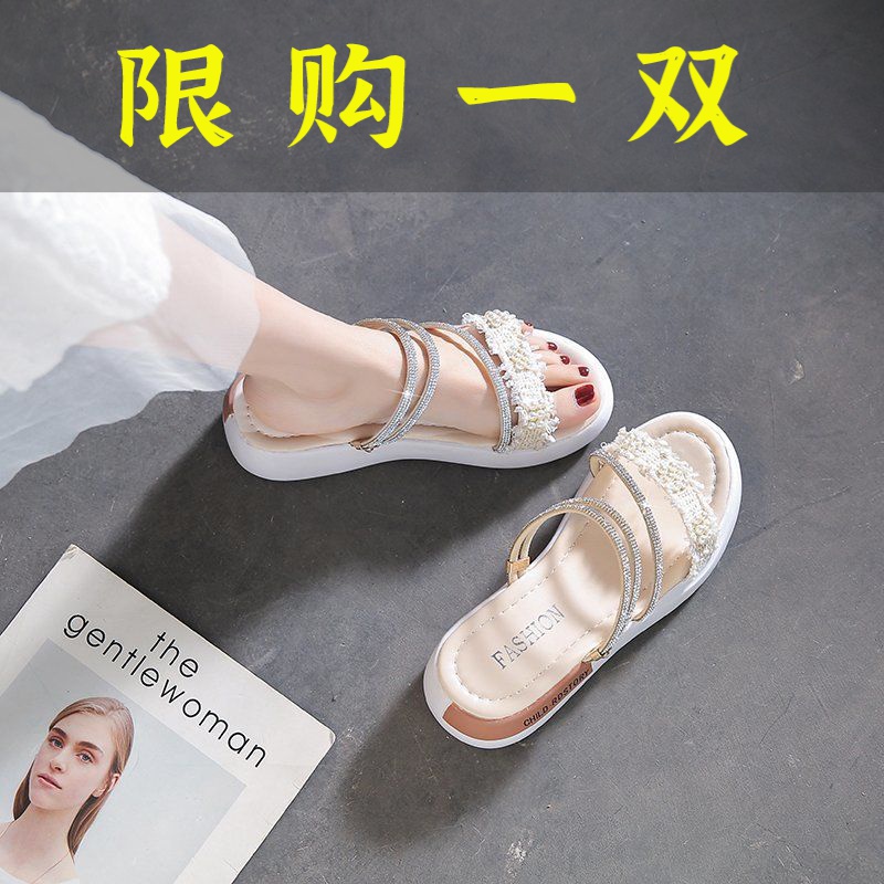 百丽纯爱凉鞋女平底鞋仙女风年新款夏季大学生水钻珍珠两穿凉拖