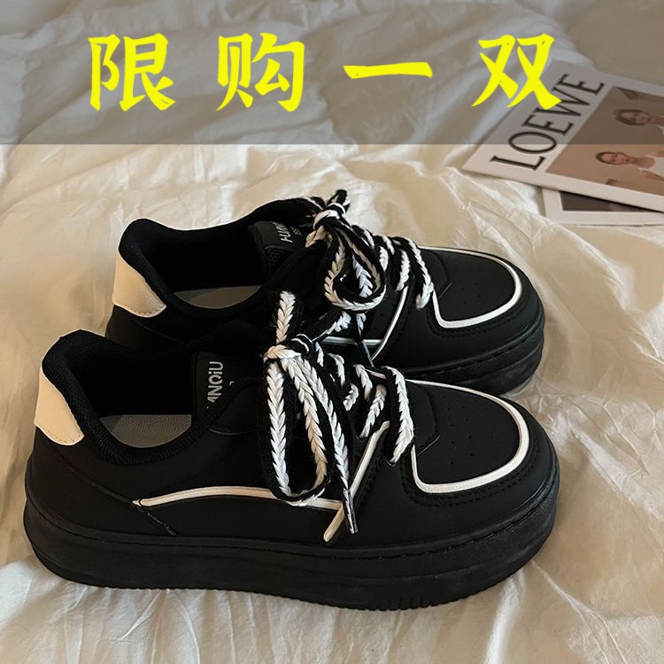 百丽纯爱小黑色鞋子女款2023夏季新款网红爆款百搭休闲鞋厚底增