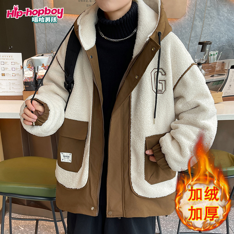 秋冬季颗粒绒夹克外套男青少年加绒加厚棉袄潮牌男装学生连帽棉服