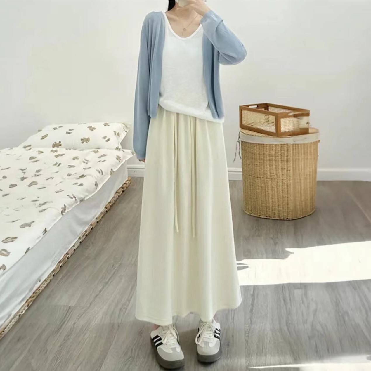 洋绒针织半身裙女秋季慵懒风百搭中长款小个子过膝褶皱大摆伞裙潮