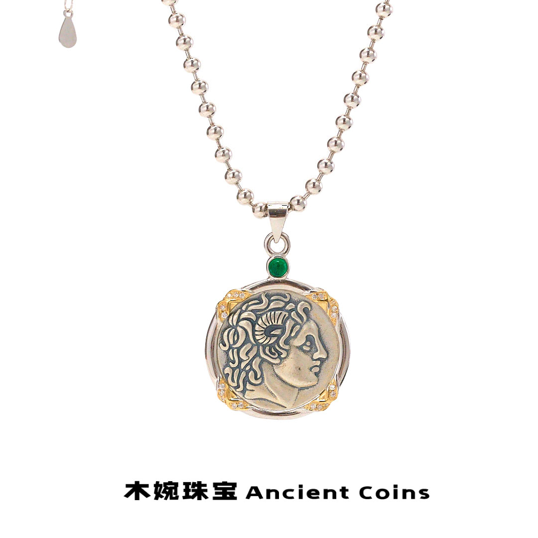 坠链均925银 【羊角亚历山大大帝】GB-XL014手工小众复古风币项链