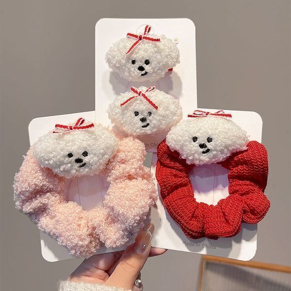 可爱羊羔毛绒修狗发夹女前额碎发刘海夹丸子头扎头发圈鸭嘴夹头饰