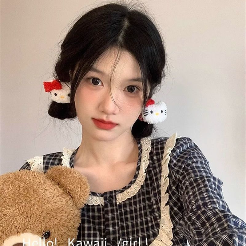 可爱卡通凯蒂猫发圈少女甜美kitty头绳小众简约毛绒公仔发饰