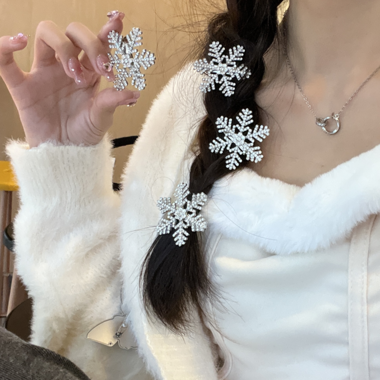 秋冬闪钻银色雪花发夹简约百搭侧边鸭嘴夹前额刘海碎发夹精致发卡