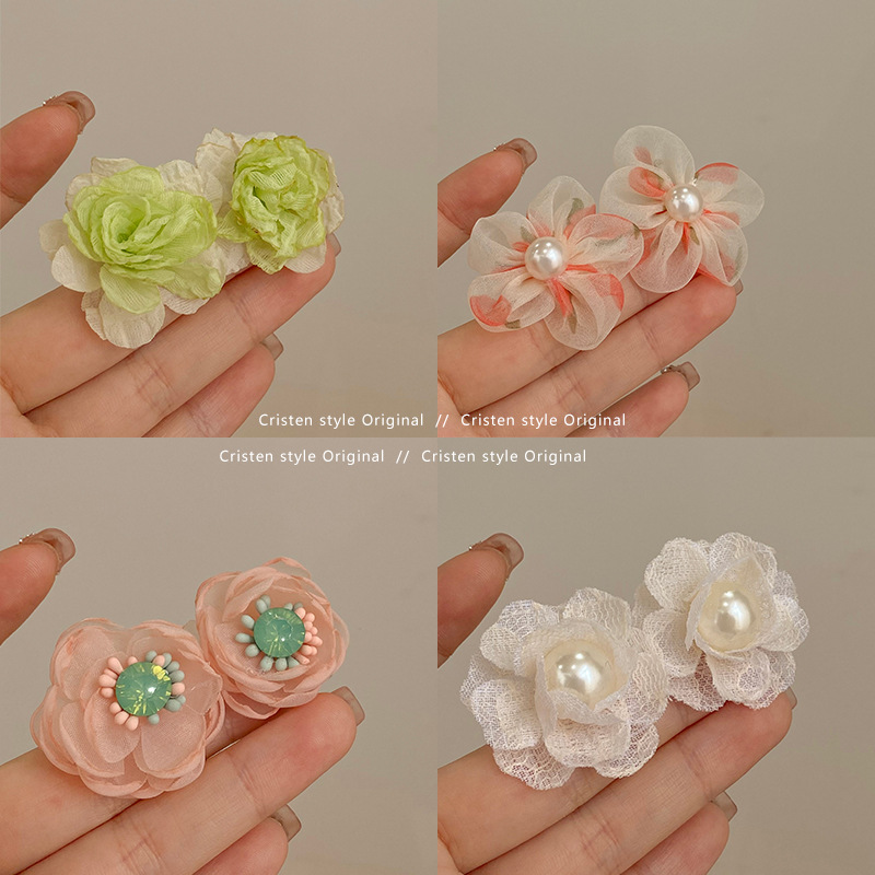 网纱花朵耳环少女新款耳钉甜美适合方圆脸耳饰潮