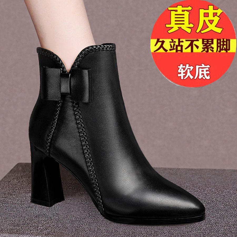 断码意尓康2023秋冬季新款短靴女高跟鞋蝴蝶结软底加绒靴子软皮