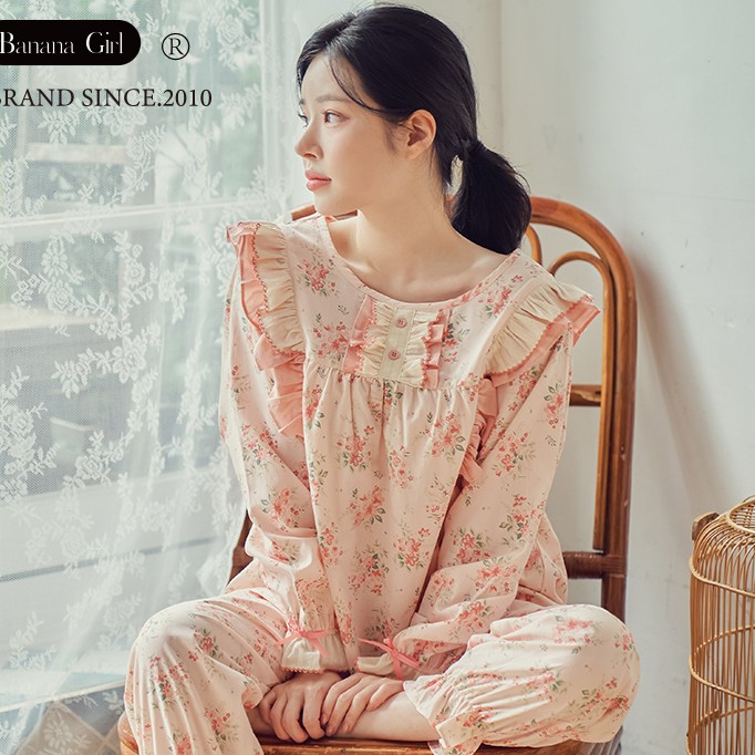 睡衣女春秋新年新款碎花长袖两件套家居服大码可外穿