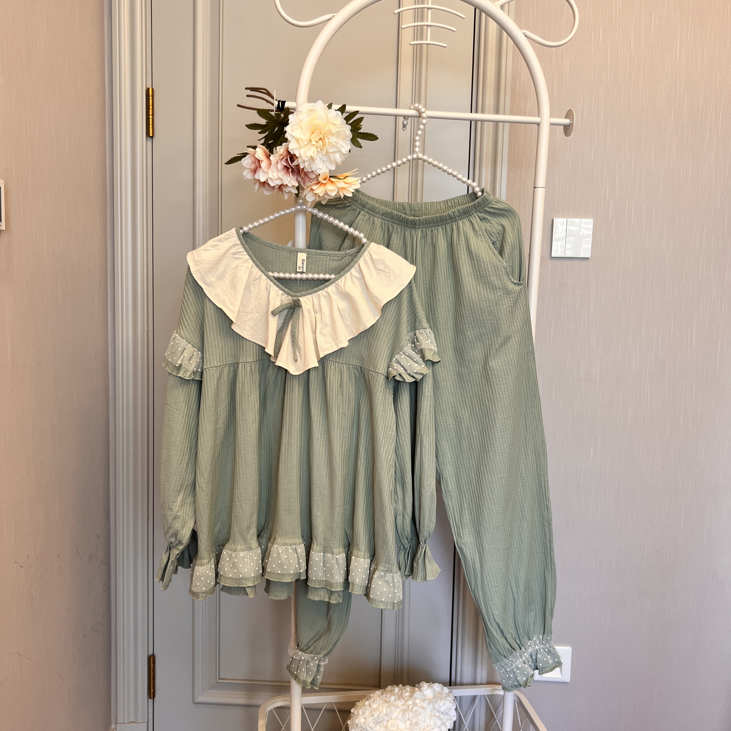 芥绿纯棉套装长袖睡衣家居服舒适