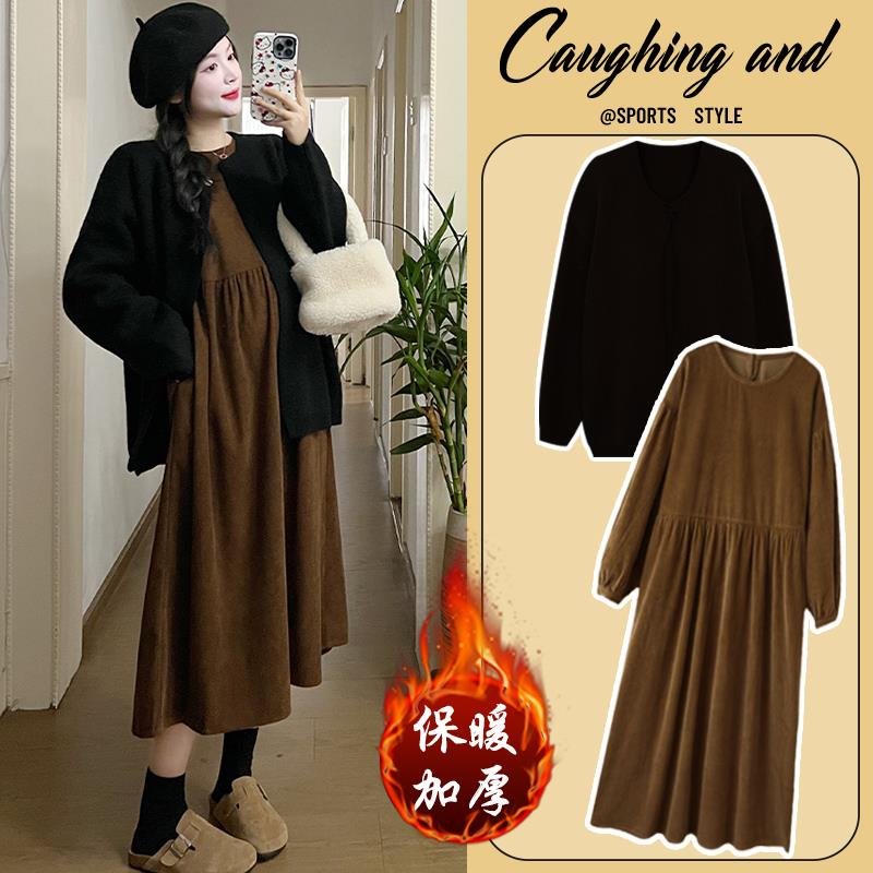 孕妇连衣裙秋冬2023新款灯芯绒裙子小个子宽松复古开衫女套装冬季