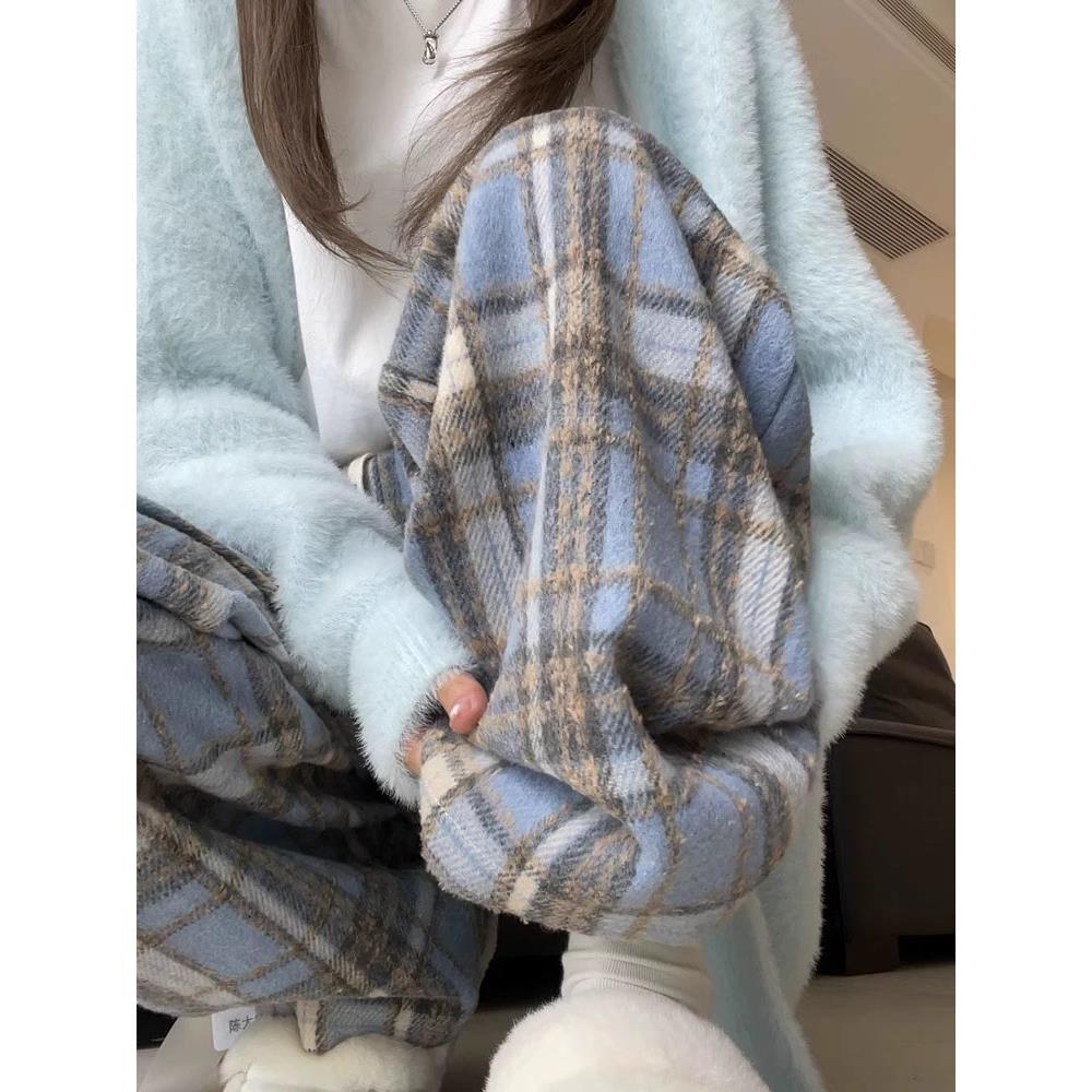 孕妇裤子外穿2024新款春秋黑色格子高腰托腹阔腿裤