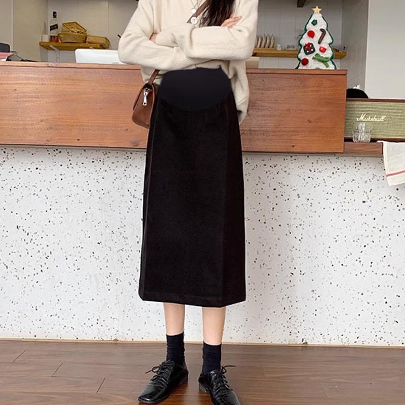 孕妇半身裙秋冬季外穿毛呢托腹字裙高腰开叉包臀长裙宽松孕妇裙
