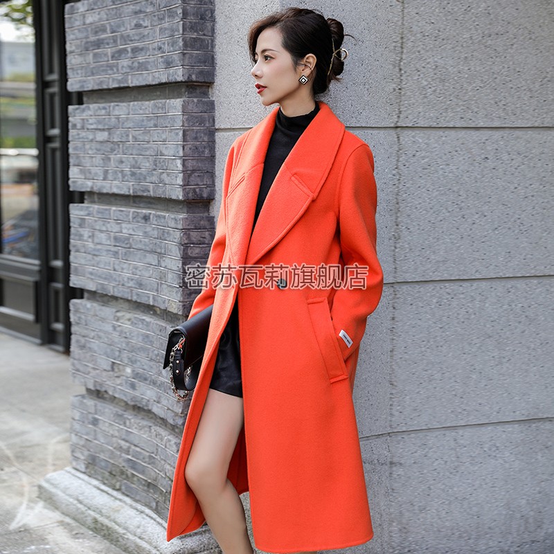 橘红色双面羊绒大衣女中长款2023秋冬新款韩版纯羊毛呢子外套