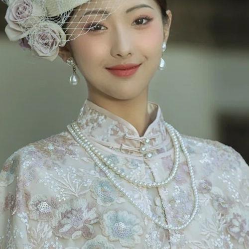 非金属仿珍珠吊坠 配旗袍仿珍珠项链双层长款女衣服装饰品宫廷法