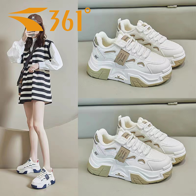 361°加绒老爹鞋女2023冬季新款高帮厚底保暖女鞋百搭运动休闲板鞋
