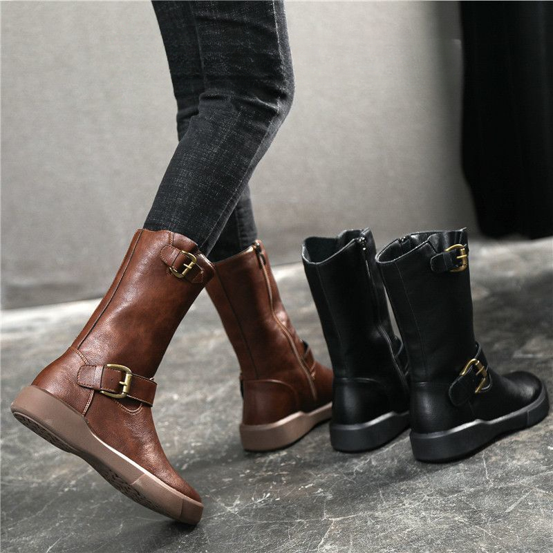 2023秋冬平底新款时尚百搭复古舒适厚底马丁靴女中筒靴英伦风靴子