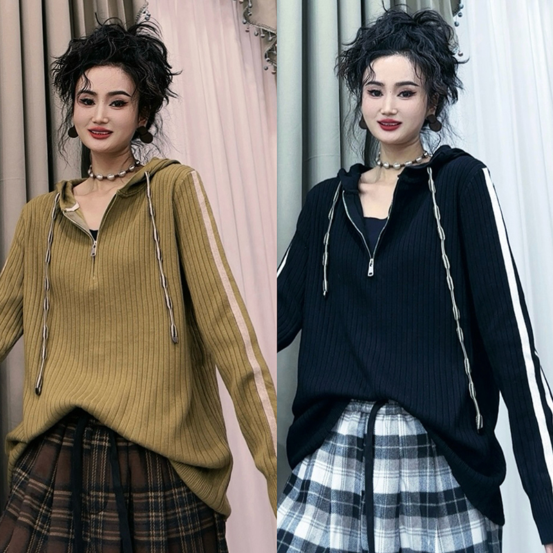 新款时尚小香风内搭毛衣女韩版长袖宽松显瘦百搭连帽针织衫-5336