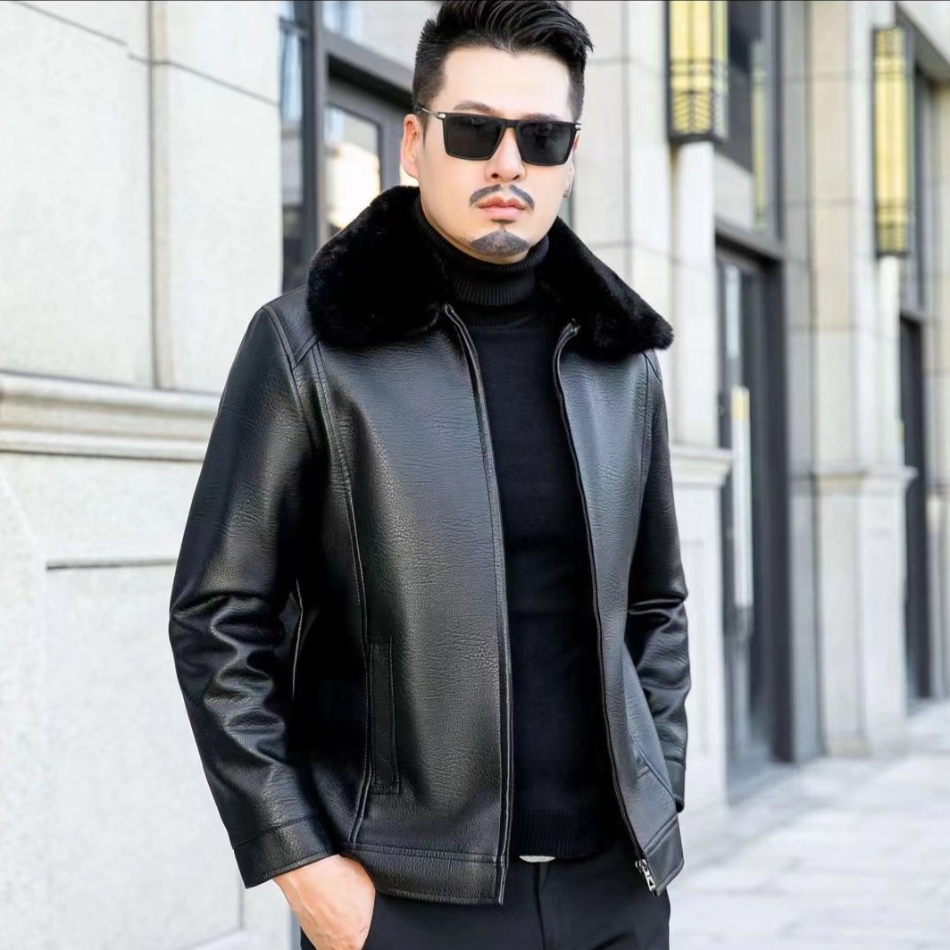 新款皮衣男士加绒保暖大毛领外套时尚休闲皮衣